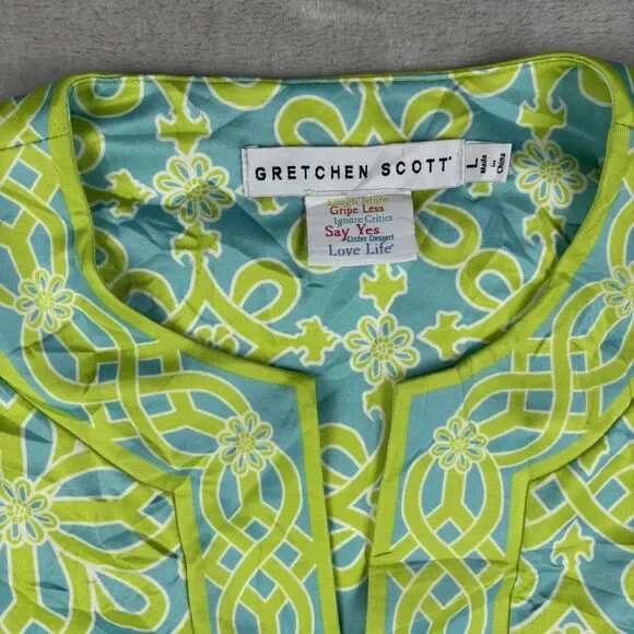 Gretchen Scott Designs Green Blue White Pattern Cotton Tunic Top Sz Large spring - Picture 4 of 9